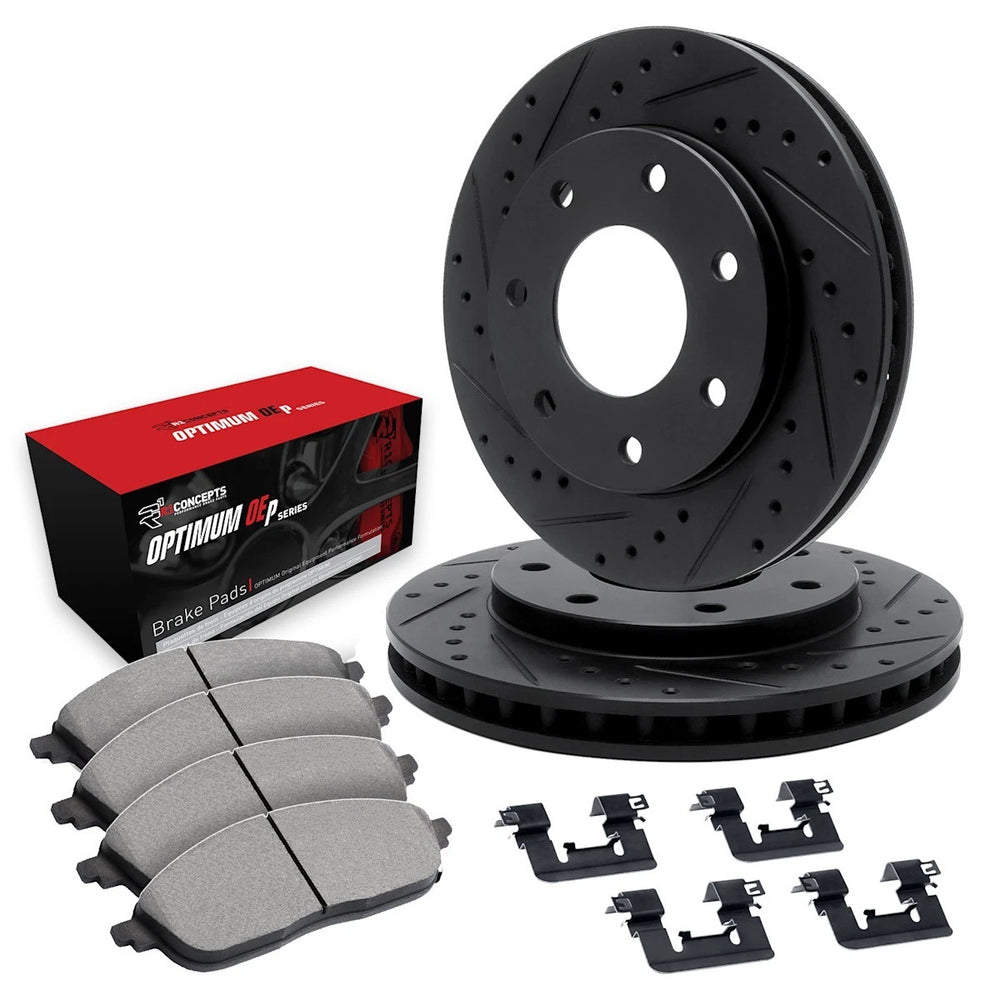R1 Concepts Black Drilled Slotted Rotors with 5000 Oep Brake Pads Hdw Fits Ford F-150