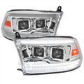 PROJECTOR HEADLIGHTS WITH CHROME HOUSING AND CLEAR LENS - SEQUENTIAL SWITCHBACK LED LIGHT BAR