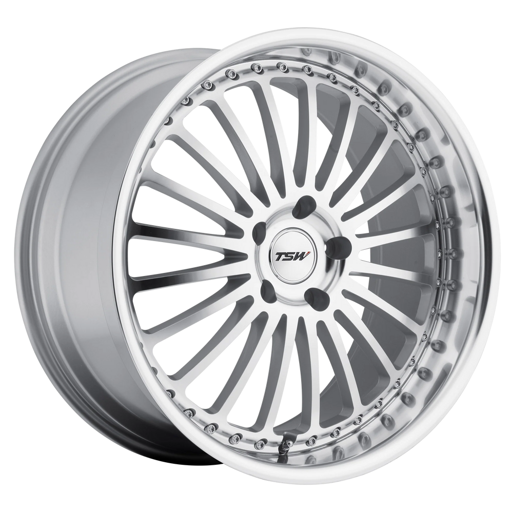 ~(36 lbs. 22X22X10)~ TSW SILVERSTONE 20x8.5 5/114.3 ET40 CB76.1 SILVER W/MIRROR CUT FACE AND LIP