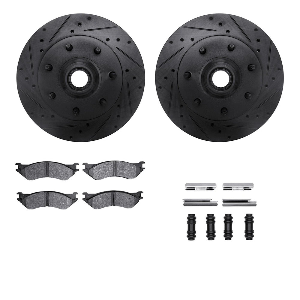 R1 Concepts Black Drilled Slotted Rotors with 5000 Oep Brake Pads Hdw Fits Ford F-150