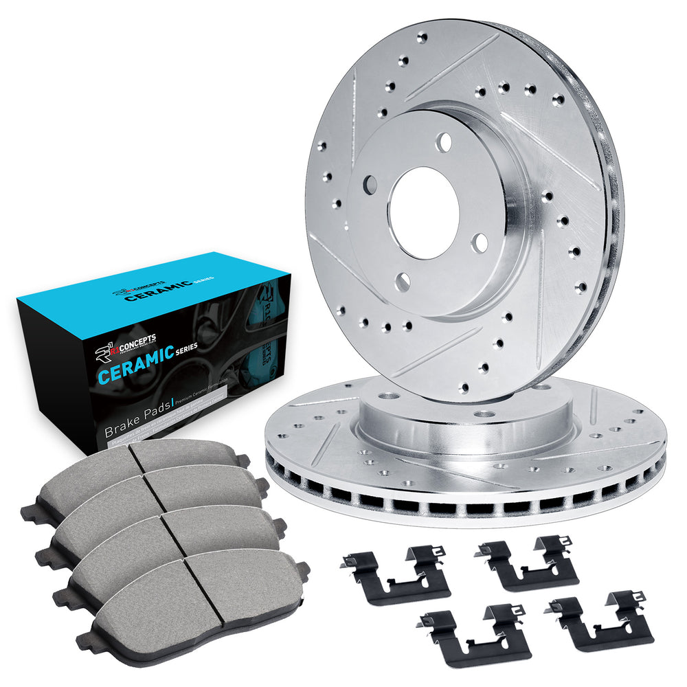 R1 11-15 Mazda 2 Front Drilled & Slotted Silver Brake Rotor Set w/Ceramic Pads and Hardware