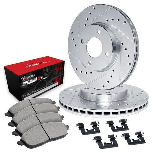 R1 06-07 Suzuki AeRio Front Drilled & Slotted Silver Brake Rotor Set w/Optimum OE Pads and Hardware
