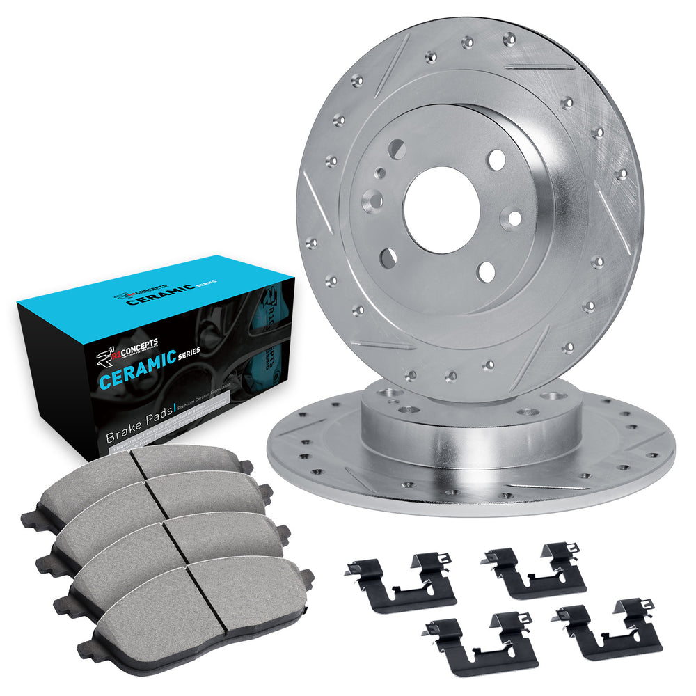 R1 74-78 Nissan 260Z Front Drilled & Slotted Silver Brake Rotor Set w/Ceramic Pads and Hardware