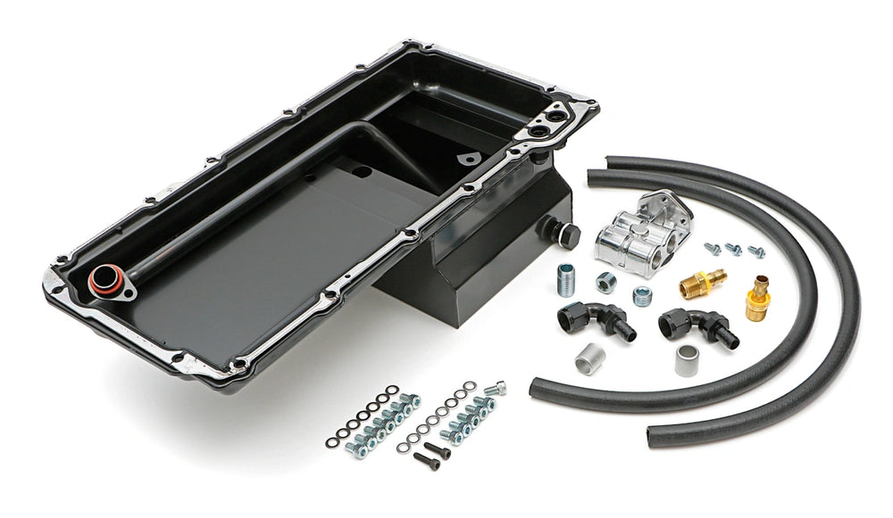 LS SWAP OIL PAN & FILTER RELOCATION KIT SINGLE FILTER HORIZONTAL PORT BLACK