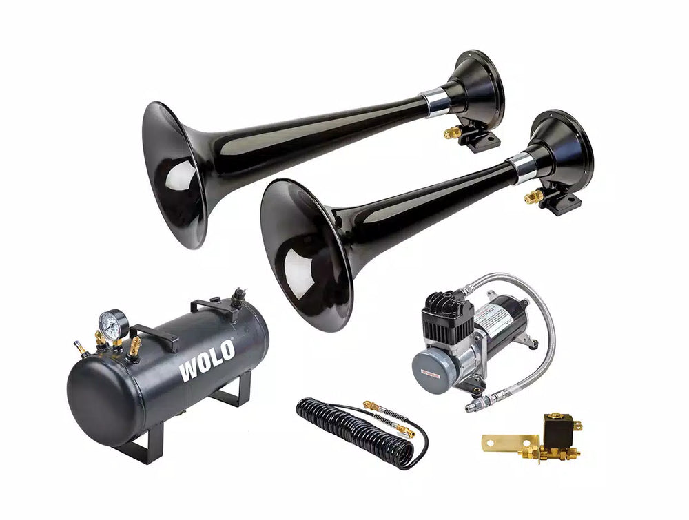WESTERN EXPRESS PRO (2)ABS BLACK PLASTIC TRUMPETS W/12V HD SOLENOID AND AIR SYSTEM.
