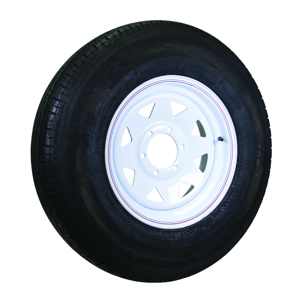 ST235/80R16 MOUNTED ON WHITE SPOKE 16X6 6X5.5 LOAD RATING: E 10PLY RATED 3525 LBS