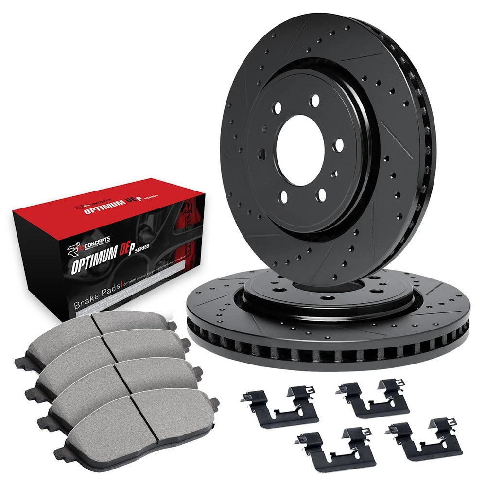R1 Concepts Black Drilled Slotted Rotors with 5000 Oep Brake Pads Hdw Fits Mitsubishi Montero