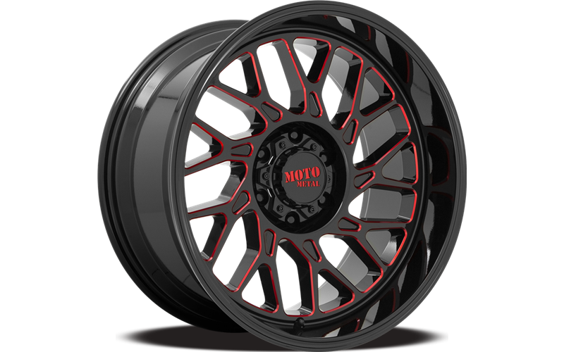 MO805 20X10 6X135 18MM GLOSS BLACK MILLED W/ RED TINT