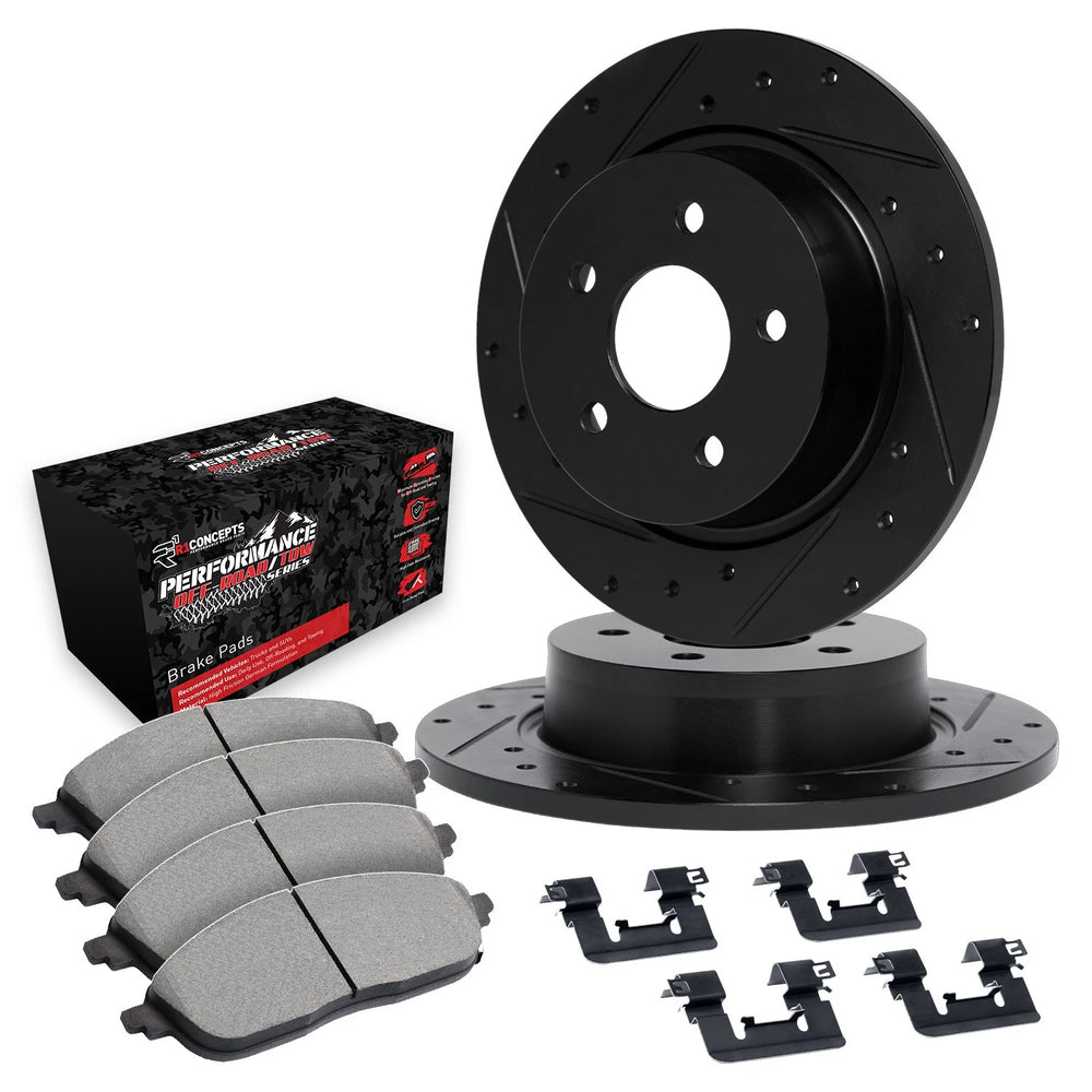 R1 eLINE Series Brake Rotors - D/S - Black - Perf Off-Road/Tow Pads - Hdw Fits Jeep Cherokee
