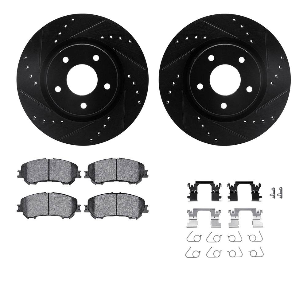 R1 Concepts Black Drilled Slotted Rotors with 5000 Oep Brake Pads Hdw Fits Nissan Qashqai