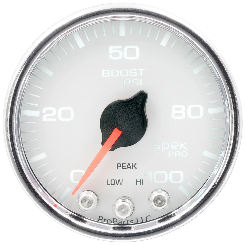 GAUGE BOOST 2 1/16IN 100PSI STEPPER MOTOR W/PEAK & WARN WHT/CHRM SPEKPRO