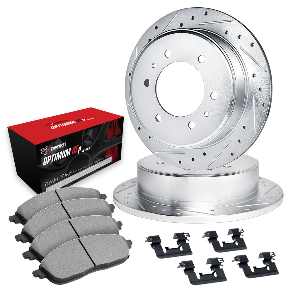 R1 04-15 Infiniti QX56 Rear Drilled & Slotted Silver Brake Rotor Set w/Optimum OE Pads and Hardware