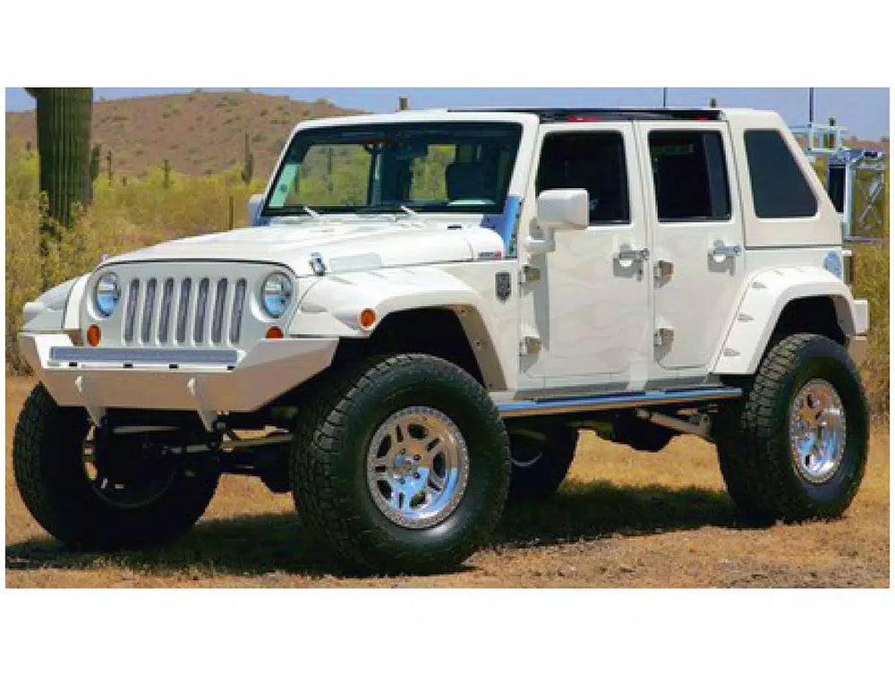 Black Max Coverage Pocket/Rivet Style Smooth Finish Rear Fender Flares With Extended Coverage For 2007-2018 Jeep Wrangler JK Unlimited 4-Door Bushwacker