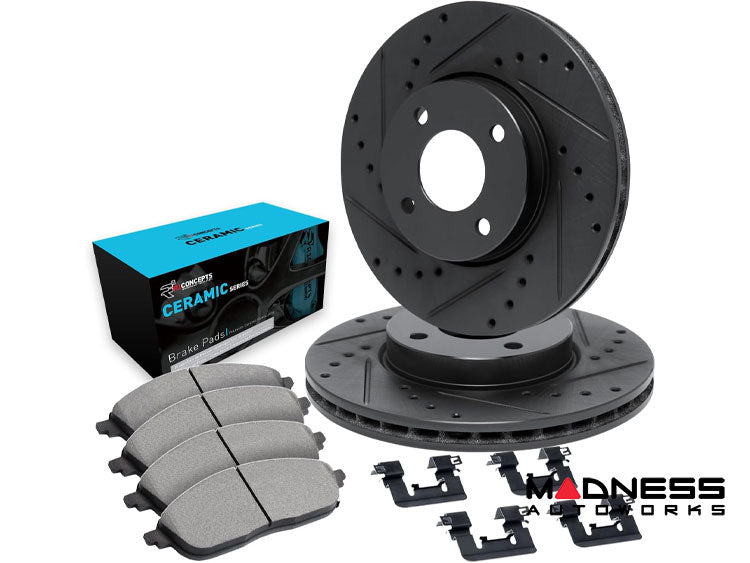 R1 E- Line Series Brake Rotor - D/S - Black w/ Ceramic Pads Hdw Fits Fiat 500