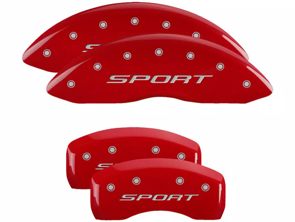 SET OF 4 CALIPER COVERS ENGRAVED FRONT/REAR SPORT (2015) SILVER CHARACTERS RED