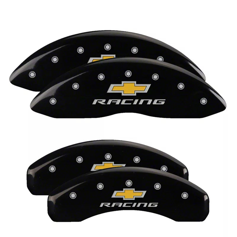 SET OF 4 CALIPER COVERS ENGRAVED FRONT/REAR CHEVY RACING SILVER CHARCTRS BLACK