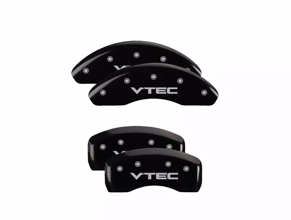 SET OF 4 CALIPER COVERS ENGRAVED FRONT/REAR VTEC SILVER CHARACTERS BLACK POWDE
