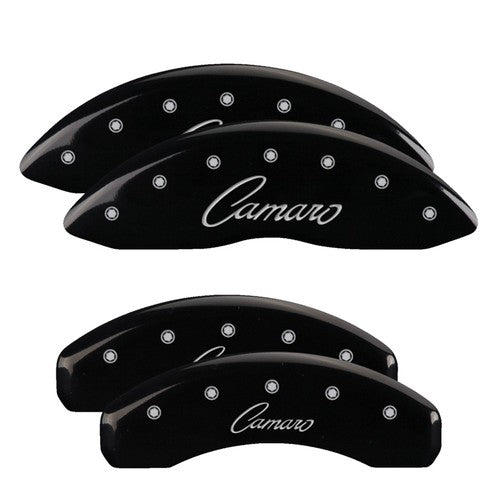SET OF 4 CALIPER COVERS ENGRAVED FRONT/REAR CURSIVE CAMARO SILVER CHARCTRS BLA