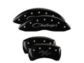 Set Of 4 Caliper Covers Engraved Front Cursive Challenger Engraved Rear RT Black Finish Silver Characters 2011-2023 Dodge Challenger 18 Inch Wheel MGP Caliper Covers