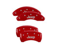 Set Of 4 Caliper Covers Engraved Front And Rear Jeep Red Finish Silver Characters 2014-2023 Jeep Cherokee 17 Inch Wheel MGP Caliper Covers