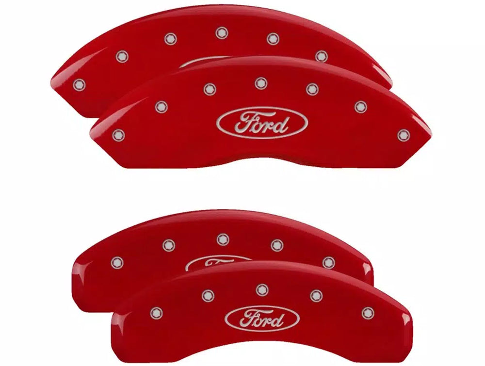 SET OF 4 CALIPER COVERS ENGRAVED FRONT/REAR FORD OVAL LOGO SILVER CHARCTRS RED