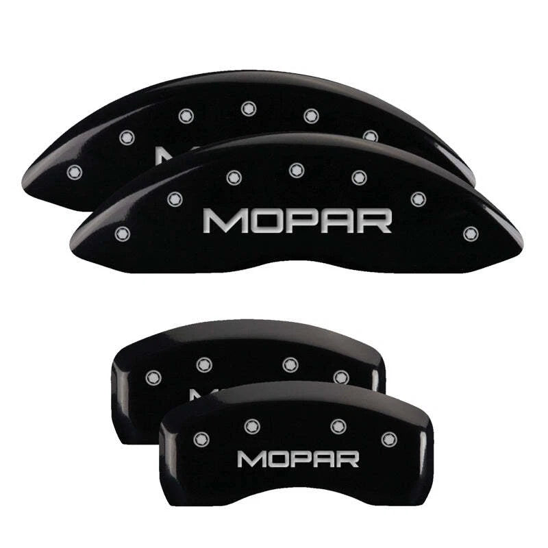 SET OF 4 CALIPER COVERS ENGRAVED FRONT/REAR MOPAR SILVER CHARACTERS BLACK POWD