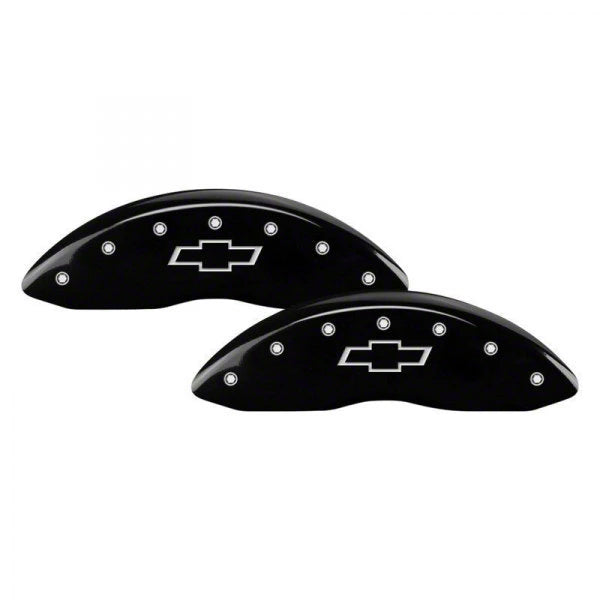 SET OF 4 CALIPER COVERS ENGRAVED FRONT/REAR BOWTIE SILVER CHARACTERS BLACK POW