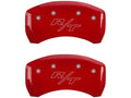 Set Of 4 Caliper Covers Engraved Front Cursive Challenger Engraved Rear RT Red Finish Silver Characters 2011-2023 Dodge Challenger 18 Inch Wheel MGP Caliper Covers