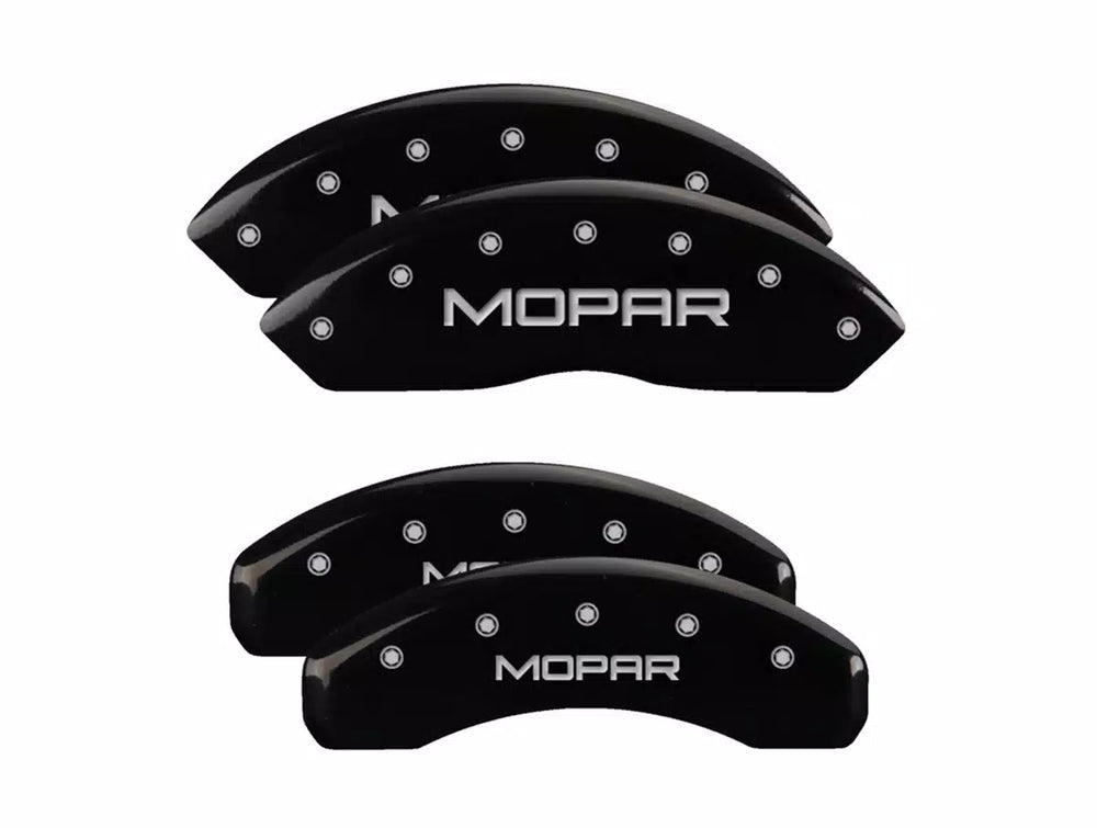 SET OF 4 CALIPER COVERS ENGRAVED FRONT/REAR MOPAR SILVER CHARACTERS BLACK POWD