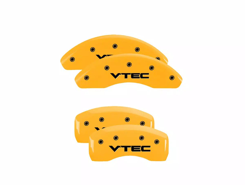 SET OF 4 CALIPER COVERS ENGRAVED FRONT/REAR VTEC BLACK CHARACTERS YELLOW POWDE