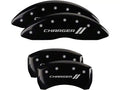 Set Of 4 Caliper Covers Engraved Front And Rear With Stripes Charger Black Finish Silver Characters 2011-2023 Dodge Challenger 18 inches
