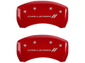 Set Of 4 Caliper Covers Engraved Front And Rear With Stripes Challenger Red Finish Silver Characters 2005-2010 Dodge Magnum 5.7L 8 cyl Dual Piston Front Caliper 17 Inch Wheel MGP Caliper Covers