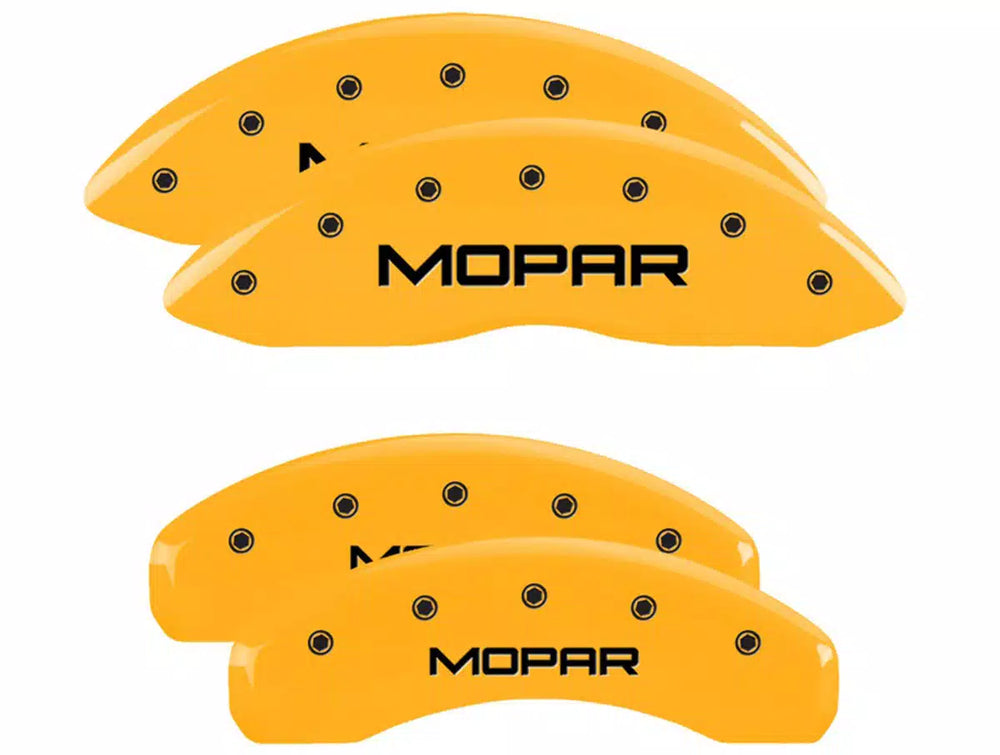SET OF 4 CALIPER COVERS ENGRAVED FRONT/REAR MOPAR BLACK CHARACTERS YELLOW POWD