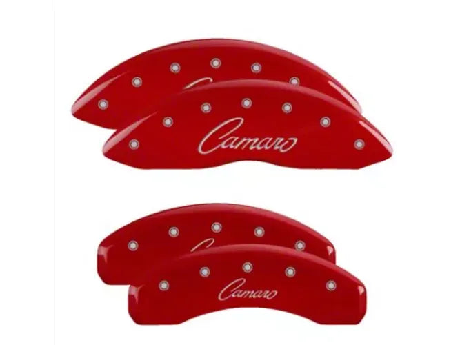 SET OF 4 CALIPER COVERS ENGRAVED FRONT/REAR CURSIVE CAMARO SILVER CHARCTRS RED