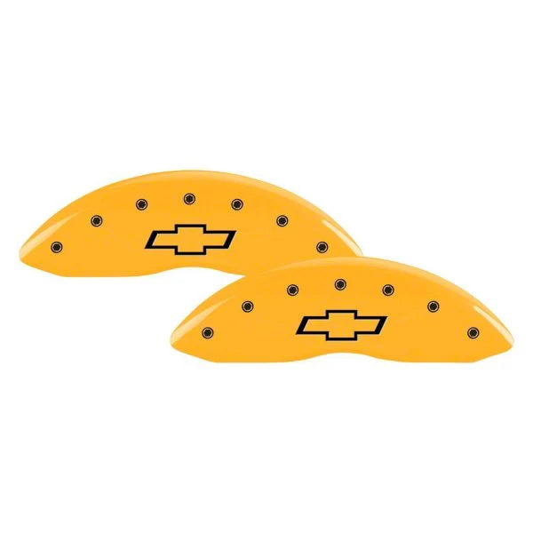 SET OF 4 CALIPER COVERS ENGRAVED FRONT/REAR BOWTIE BLACK CHARACTERS YELLOW POW