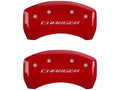Set Of 4 Caliper Covers Engraved Front And Rear Block Charger Red Finish Silver Characters 2005-2010 Dodge Magnum 2.7L & 3.5L Single Piston Caliper (BR3) 17 Inch Wheel MGP Caliper Covers