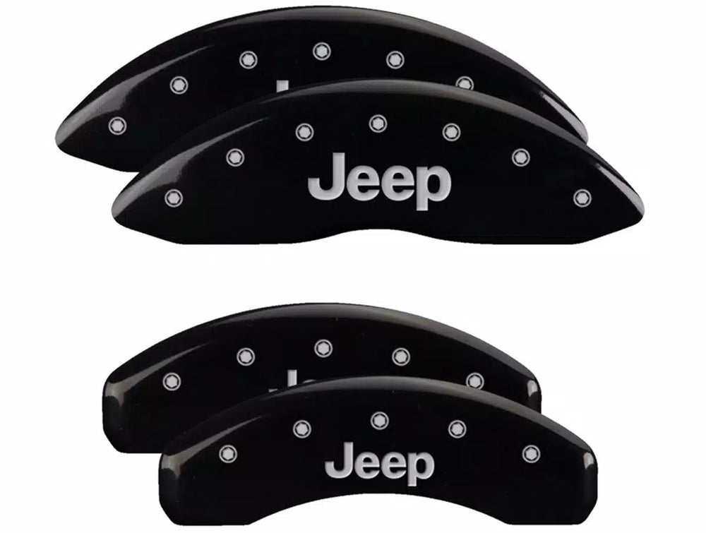 SET OF 4 CALIPER COVERS ENGRAVED FRONT/REAR JEEP SILVER CHARACTERS BLACK POWDE