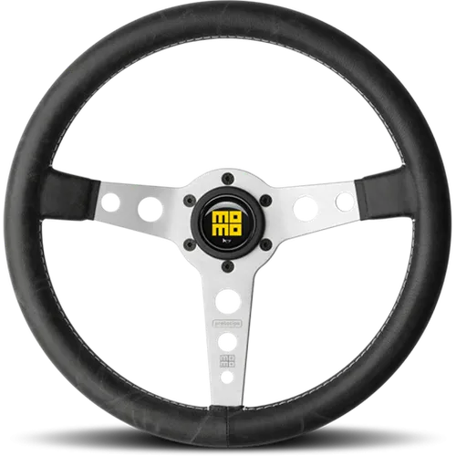 Momo Prototipo Steering Wheel 350 mm - Black Leather/White Stitch/Brshd Spokes