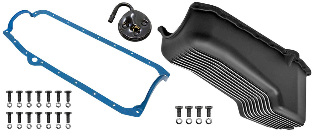 ALUM OIL PAN KIT BLK SBC FINNED