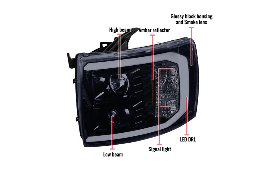LED BAR PROJECTOR HEADLIGHTS- GLOSSY BLACK WITH CLEAR LENS