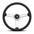 Momo Retro Steering Wheel 360 mm - 4 Black Leather/Wht Stitch/Brshd Spokes