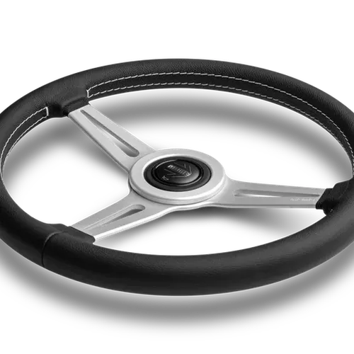 Momo Retro Steering Wheel 360 mm - 4 Black Leather/Wht Stitch/Brshd Spokes