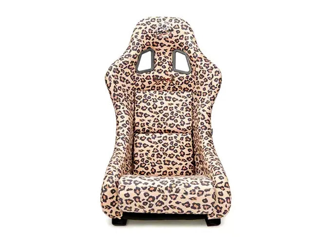 NRG FRP Bucket Seat PRISMA SAVAGE Edition White Pearlized Back Cheetah Leopard Print - Medium