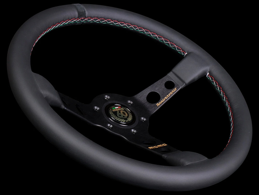 MOMO Mod.07 350mm Anniversary Wheel - Black Leather w/Black Spokes &amp; Black Stripe