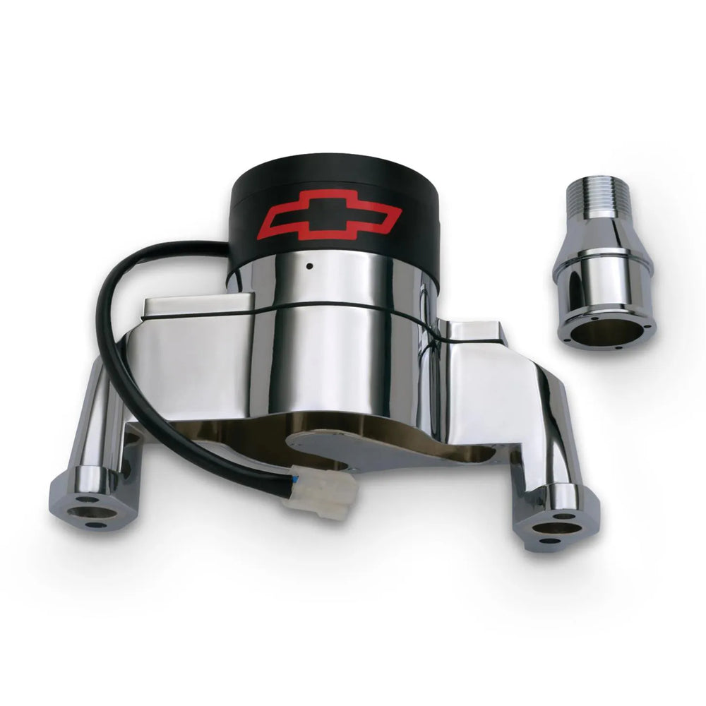 Water Pump: Fits various makes and models; Electric Water Pump; Chevrolet and Bowtie; chrome