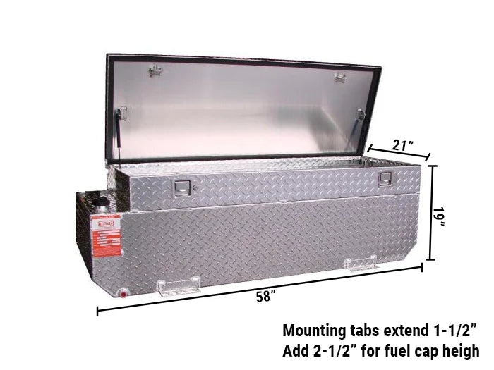 58 GALLON BLACK RECTANGLE DIAMOND PLATE ALUMINUM GASOLINE AUXILARY TANK & TOOLBO