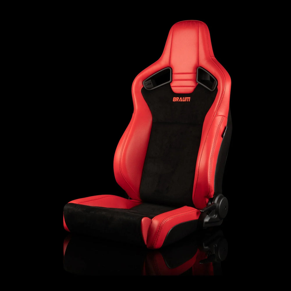 Braum Elite V2 Series Sport Seats - Red PU Black Suede Black Stitching - Low Base Version - BRR1-RBLB2