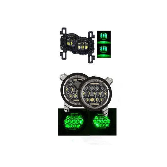 ~(14 lbs. 24X12X12)~ Jeep Wrangler JL/JT Gladiator 9 Inch RGB Headlight/4 Inch Fog Light Set Quad Lock/Interlock Compatible Quake LED