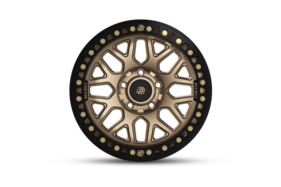 Baja Built Lite Brite Outlaw 17x9 5x5 -38mm 3.5 Offset Satin Gold Finish Matte Black Beadlock Ring For Jeep JK JL JT
