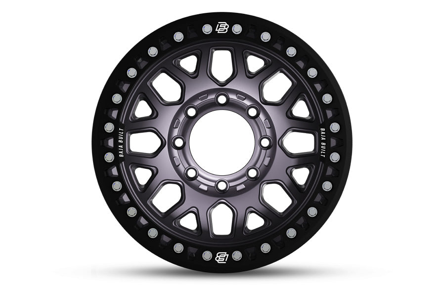 Baja Built Lite Brite Outlaw 17x9 8x6.5 -0mm 5 Offset Satin Graphite Finish Matte Black Beadlock Ring For Jeep JK JL JT